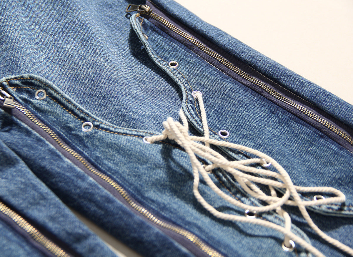 Blue Winter Color Loose Tied Same Design as Designer Personalized Minority Design Feeling Slightly Pull Jeans for Women