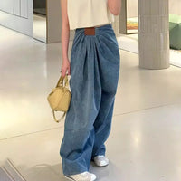 Blue Denim High Waist Ruched Wide Leg Jeans