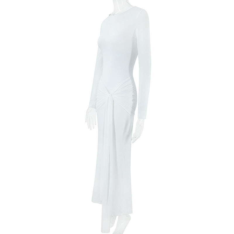 Fall Women Clothing round Neck Long Sleeve Slim Fit Lace up Sheath Solid Color Temperamental Minority Maxi Dress