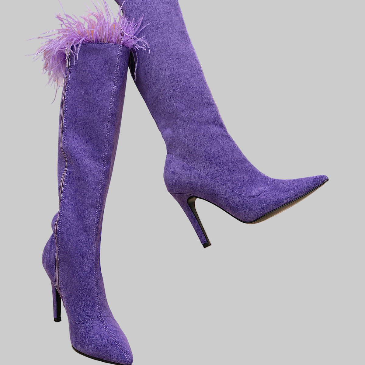 Suede Pointed Toe Stiletto Feather Side Zipper Boots - Modestly Vogue
