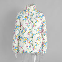 Printed Cotton Padded Jacket Coat Women Autumn Winter Stand Collar Zipper Cotton Padded Jacket Thermal Cotton Padded Coat Women