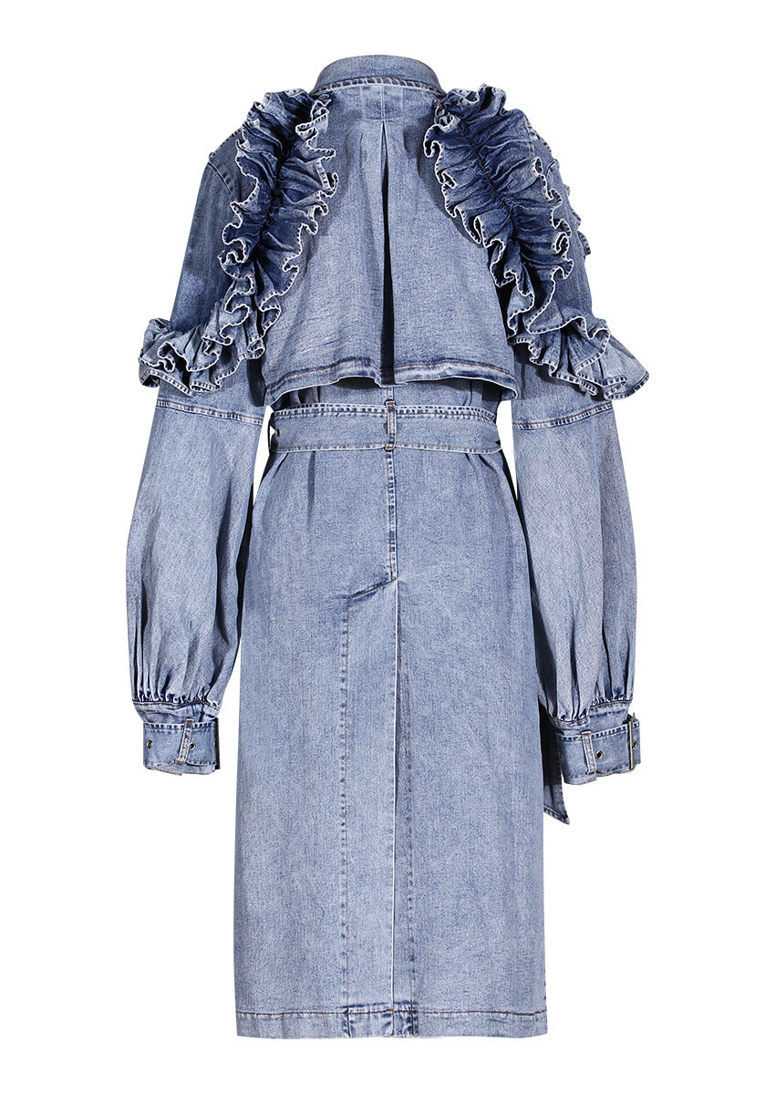 Blue Denim Ruffle Shoulder Long Trench Coat