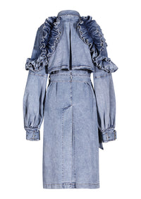 Blue Denim Ruffle Shoulder Long Trench Coat
