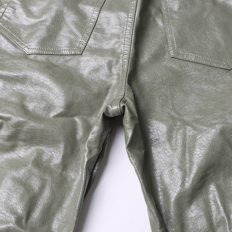Earthtone Unique Design Faux Leather Trousers - High Waist Straight Leg Pants for Women
