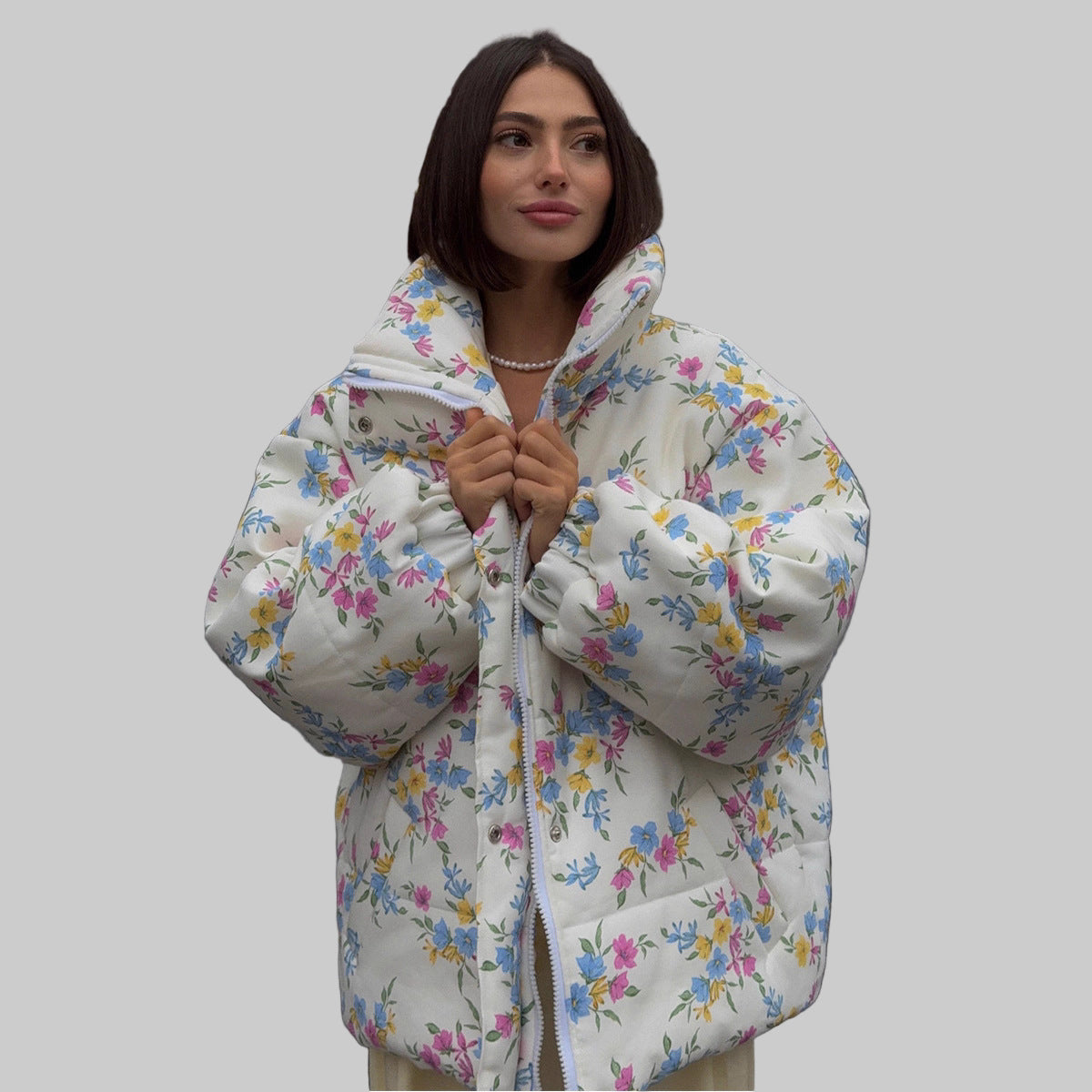 Printed Cotton Padded Jacket Coat Women Autumn Winter Stand Collar Zipper Cotton Padded Jacket Thermal Cotton Padded Coat Women