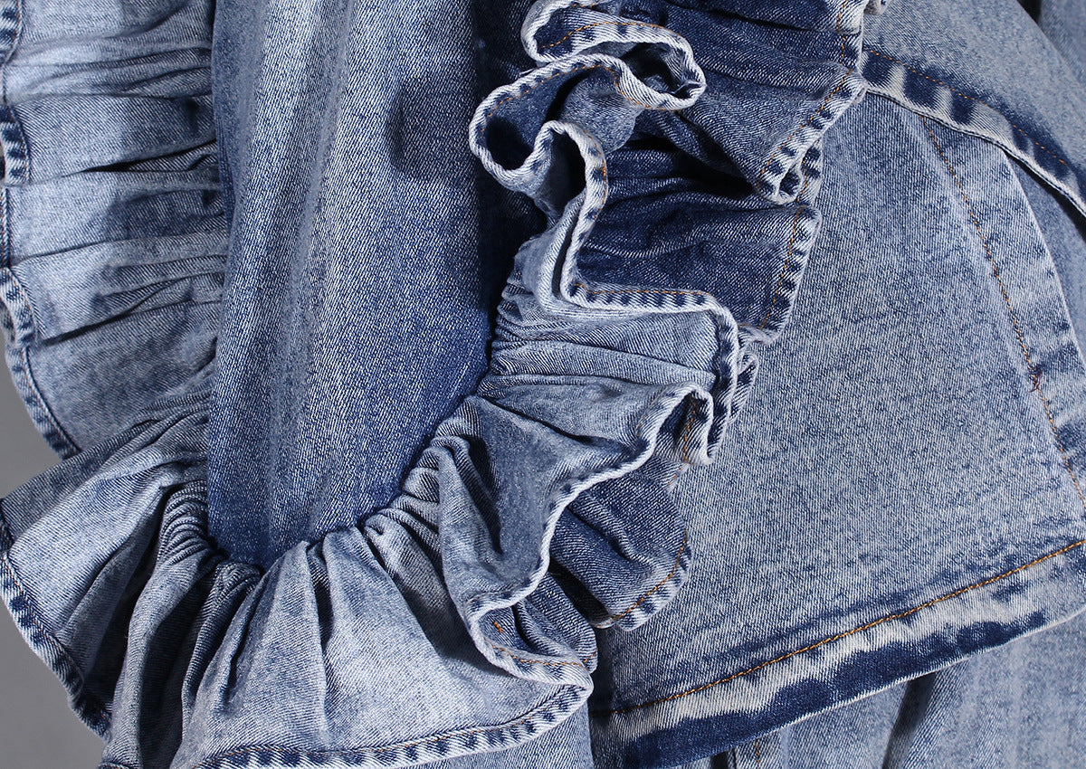 Blue Denim Ruffle Shoulder Long Trench Coat