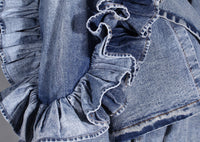 Blue Denim Ruffle Shoulder Long Trench Coat