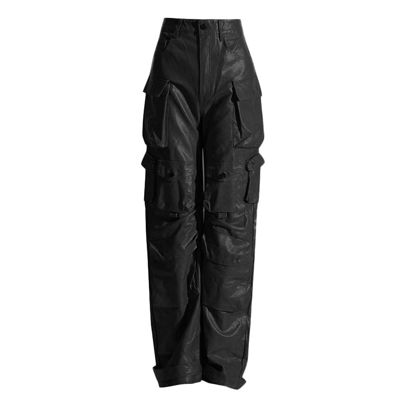 Earthtone Unique Design Faux Leather Trousers - High Waist Straight Leg Pants for Women