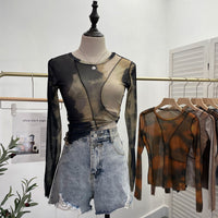 Earthtone Sunset Blooming Stretch Mesh Slim Fit Bottoming Shirt Bandage Top