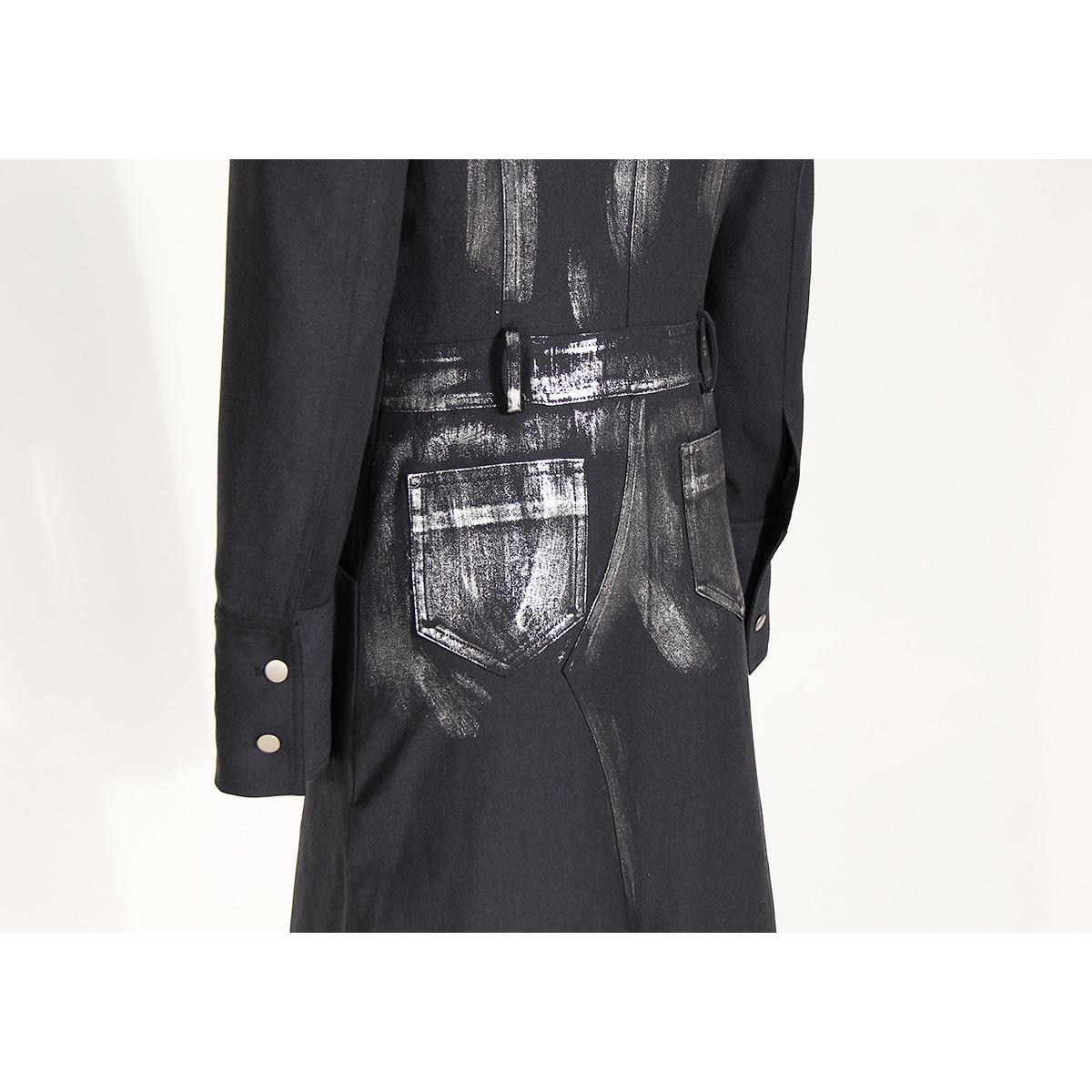 Black Niche Design Trench Coat Women Handmade Metal Silver Brush Color Rock Artist Super Long Blazer - Modestly Vogue