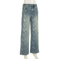 Earthtone Casual Street Snake Print Jeans Women Autumn High Waist Slimming Washed Drooping Straight Pants