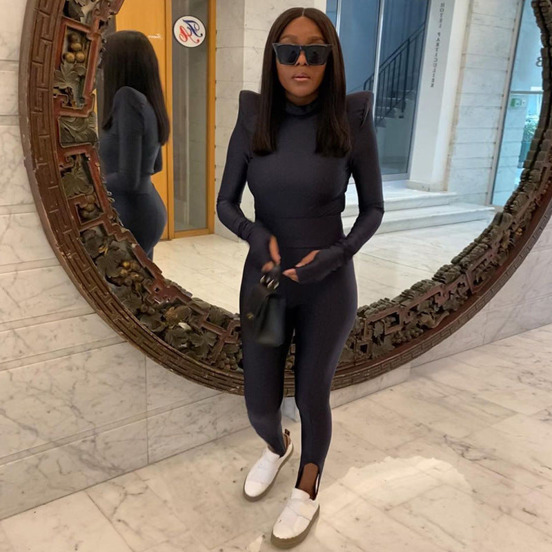 Black Women Winter High Collar Long Sleeve Finger Stall Slim