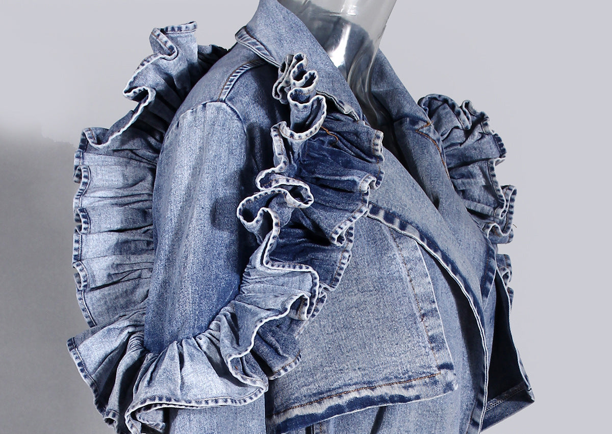 Blue Denim Ruffle Shoulder Long Trench Coat