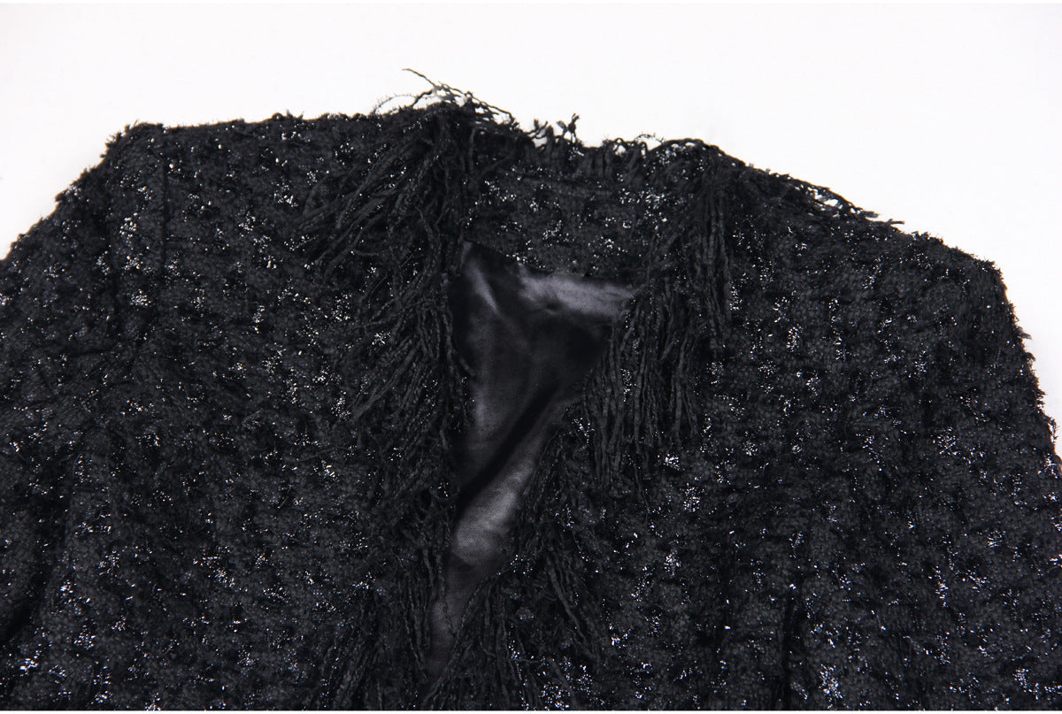 Black Silk Tweed Fringe Pocket Fastener Decoration Cardigan Women Coat Top
