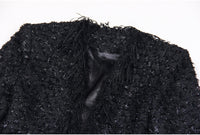 Black Silk Tweed Fringe Pocket Fastener Decoration Cardigan Women Coat Top