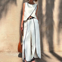 Contrast Color Vest Women Cross Design round Neck Sleeveless Top Split Trousers Two Piece Set - Modestly Vogue