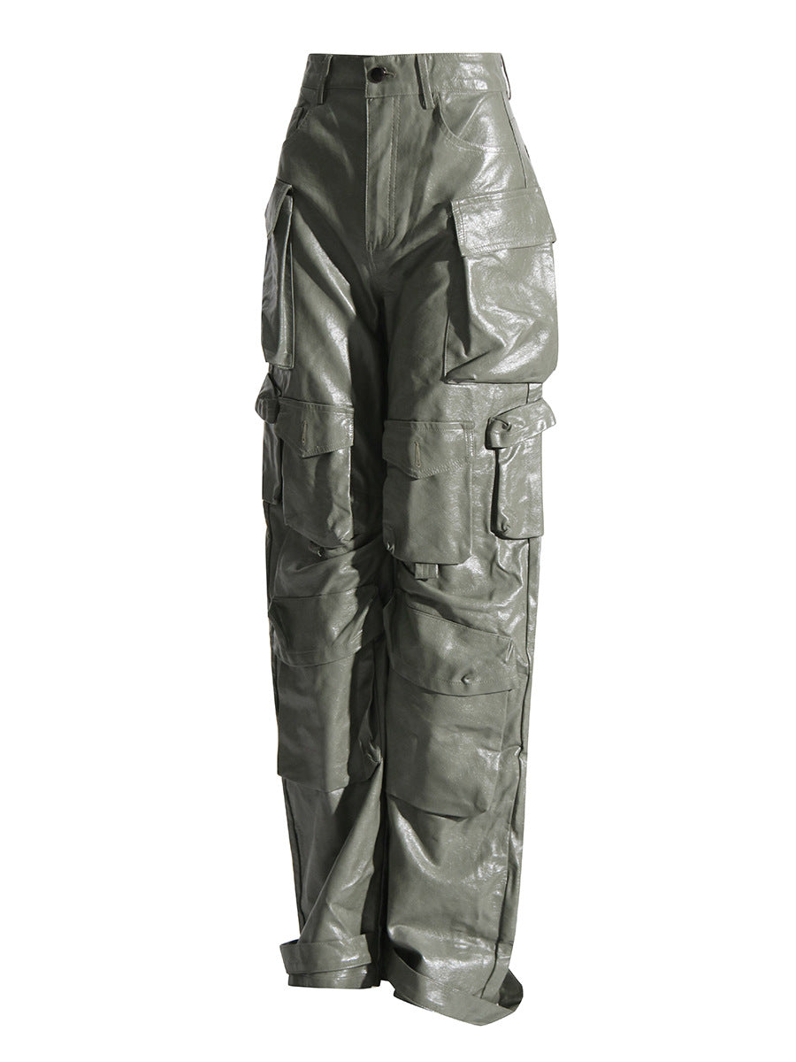 Earthtone Unique Design Faux Leather Trousers - High Waist Straight Leg Pants for Women