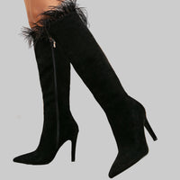 Suede Pointed Toe Stiletto Feather Side Zipper Boots - Modestly Vogue