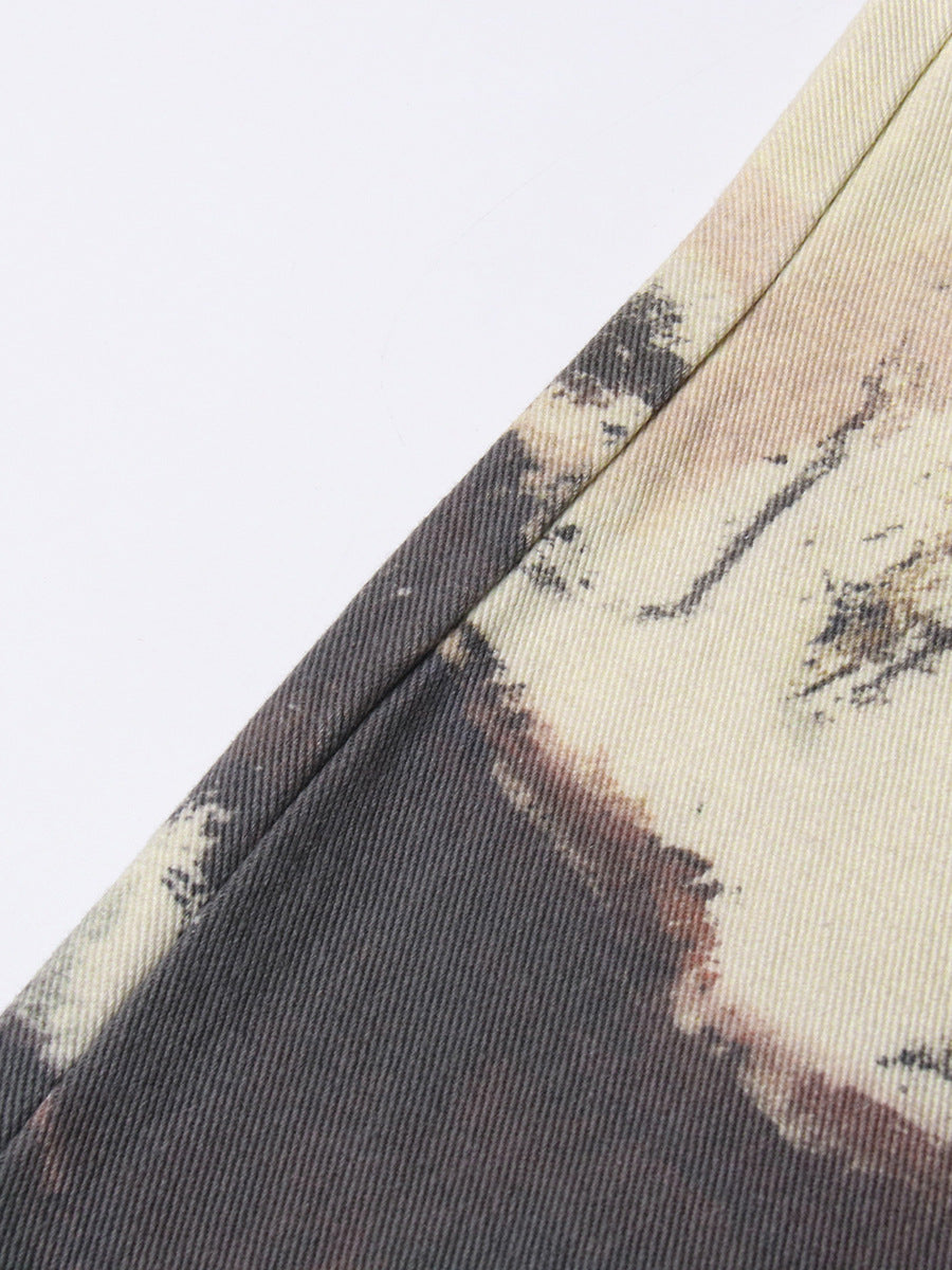 Neutral Blooming Ink Painting Patchwork Trousers for Women - High Waist Autumn Casual Jeans