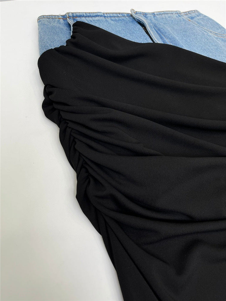 Blue Denim Patchwork Color Block Ruched Zipper Skirt