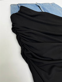 Blue Denim Patchwork Color Block Ruched Zipper Skirt