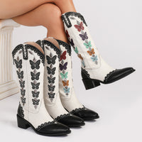 Western Denim Colorful Butterfly Embroidered Chunky Heel Ankle Boots
