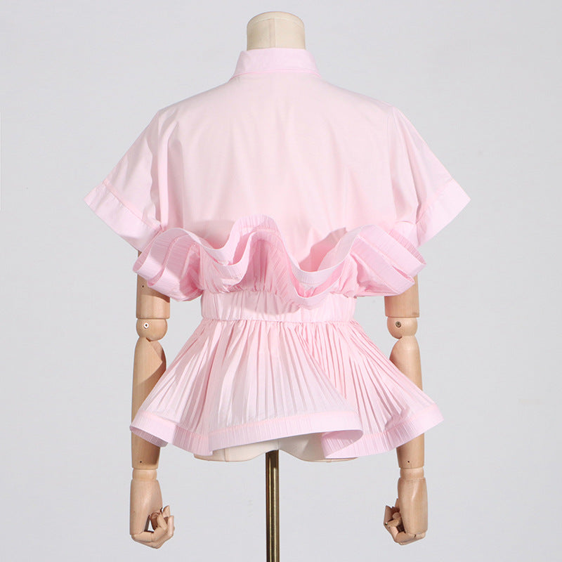 Pastel Collar Ruffled Stitching Design Tight Waist Slimming High Grade Short Sleeve Shirt for Women