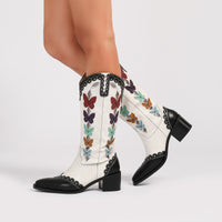 Western Denim Colorful Butterfly Embroidered Chunky Heel Ankle Boots