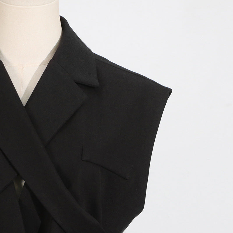 Black Blazer for Women - Simple Spring Autumn Sleeveless Belt Collared Design