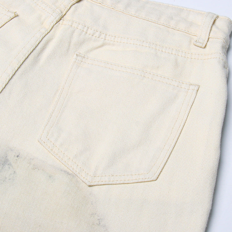 Neutral Blooming Ink Painting Patchwork Trousers for Women - High Waist Autumn Casual Jeans