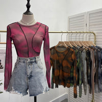 Earthtone Sunset Blooming Stretch Mesh Slim Fit Bottoming Shirt Bandage Top