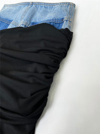 Blue Denim Patchwork Color Block Ruched Zipper Skirt