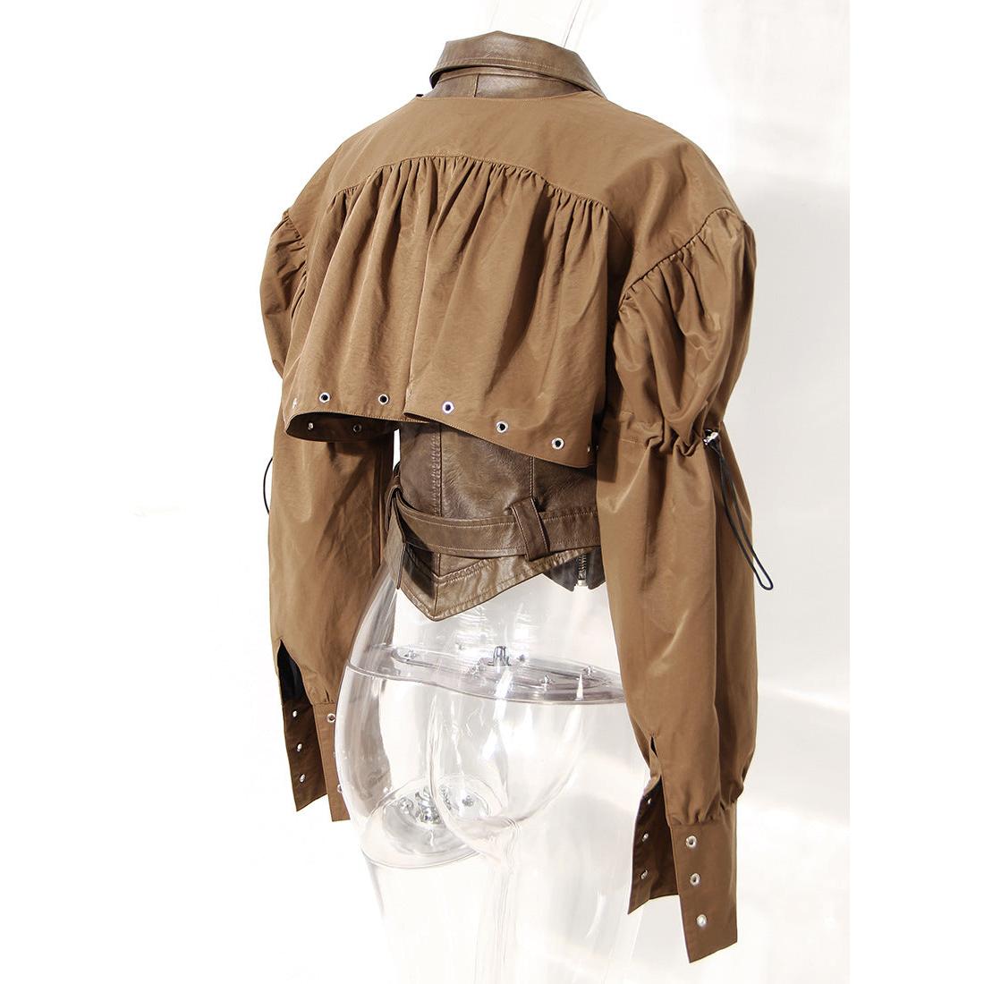 Earthtone Design Two Piece Coat Spring Cloak Stitching Faux Leather Handsome Waist Tight Jacket Top Women