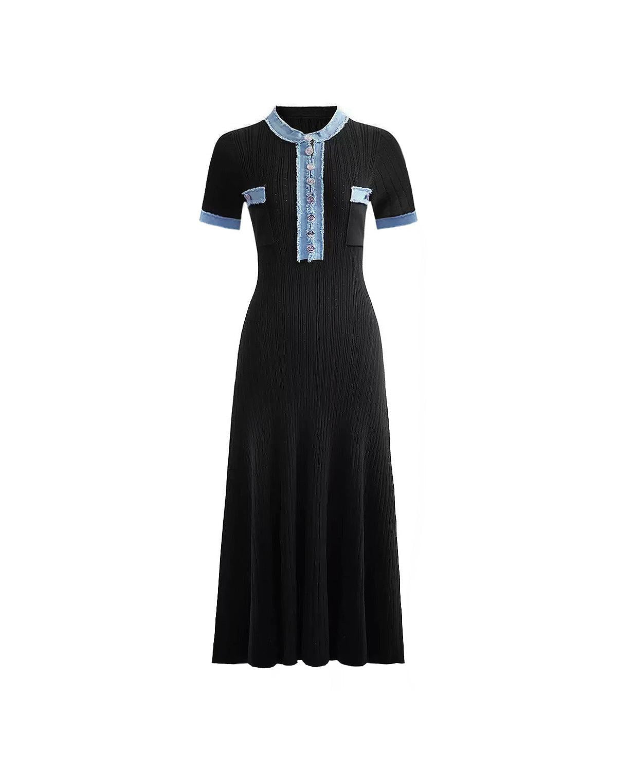 Black Short Sleeve Stitching Denim Simple Elegant Slim Slimming Long Knitted Dress Women