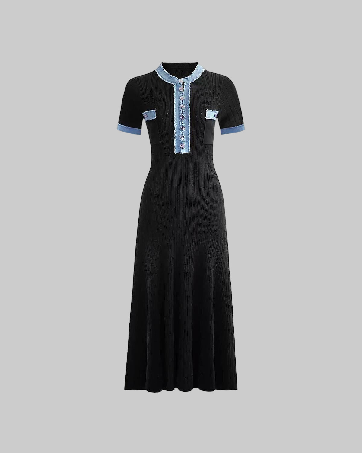Black Short Sleeve Stitching Denim Simple Elegant Slim Slimming Long Knitted Dress Women