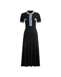 Black Short Sleeve Stitching Denim Simple Elegant Slim Slimming Long Knitted Dress Women