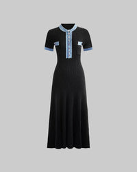 Black Short Sleeve Stitching Denim Simple Elegant Slim Slimming Long Knitted Dress Women