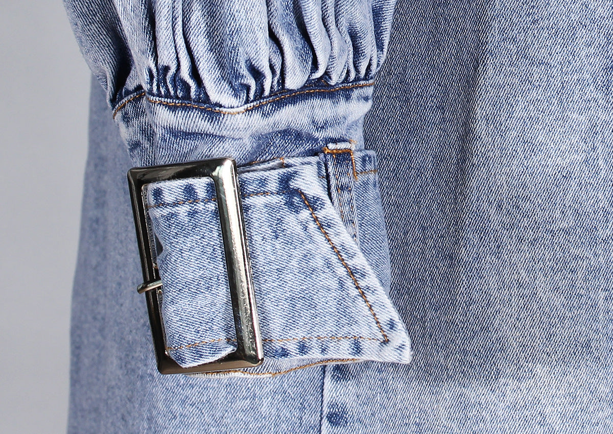 Blue Denim Ruffle Shoulder Long Trench Coat