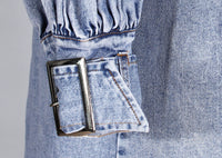 Blue Denim Ruffle Shoulder Long Trench Coat