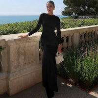 Fall Women Clothing round Neck Long Sleeve Slim Fit Lace up Sheath Solid Color Temperamental Minority Maxi Dress