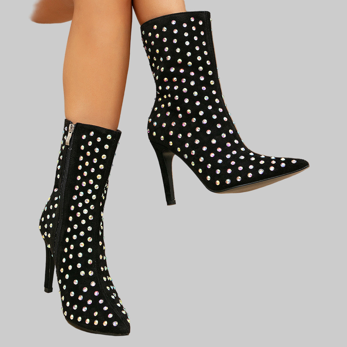 Rhinestone Stiletto Mid Calf High Heel Boots - Modestly Vogue