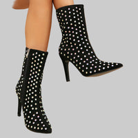 Rhinestone Stiletto Mid Calf High Heel Boots - Modestly Vogue