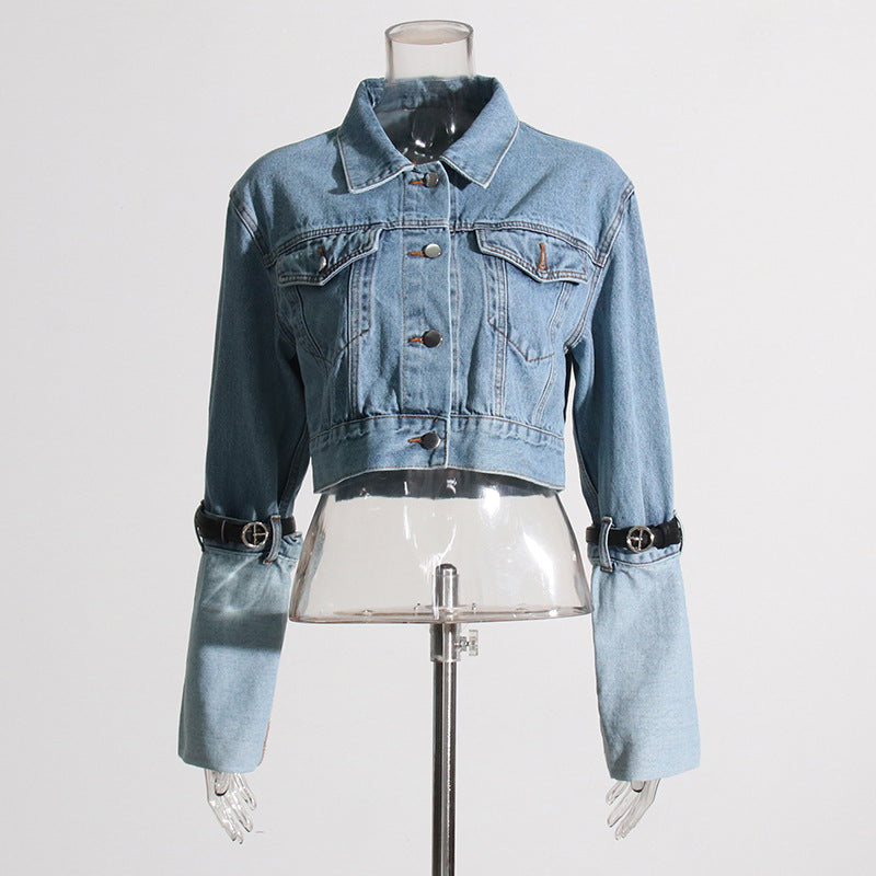 Blue Denim Belt Design Denim Jacket for Women - Collared Korean Patchwork Top