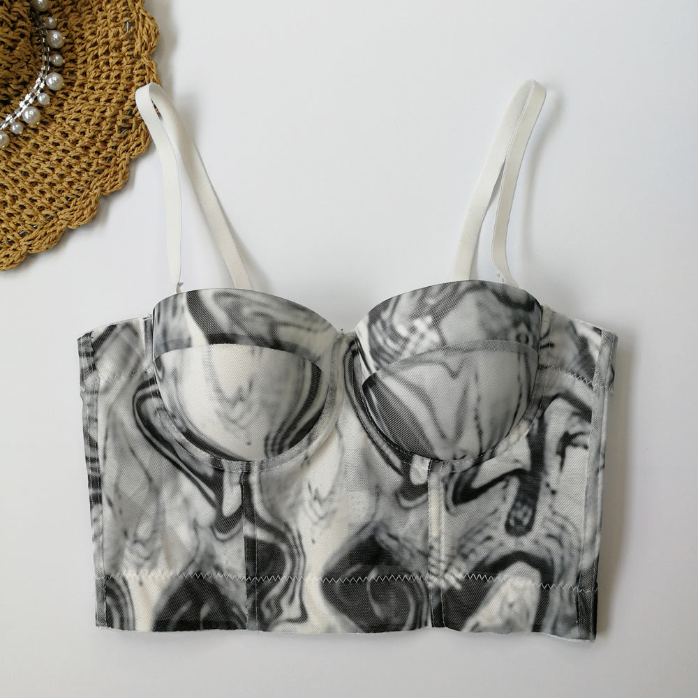 Gradient Printing Slip plus Size Women Summer Ink Painting Backless Lace Vest with Chest Pad Tube Top - Modestly Vogue