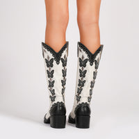 Western Denim Colorful Butterfly Embroidered Chunky Heel Ankle Boots