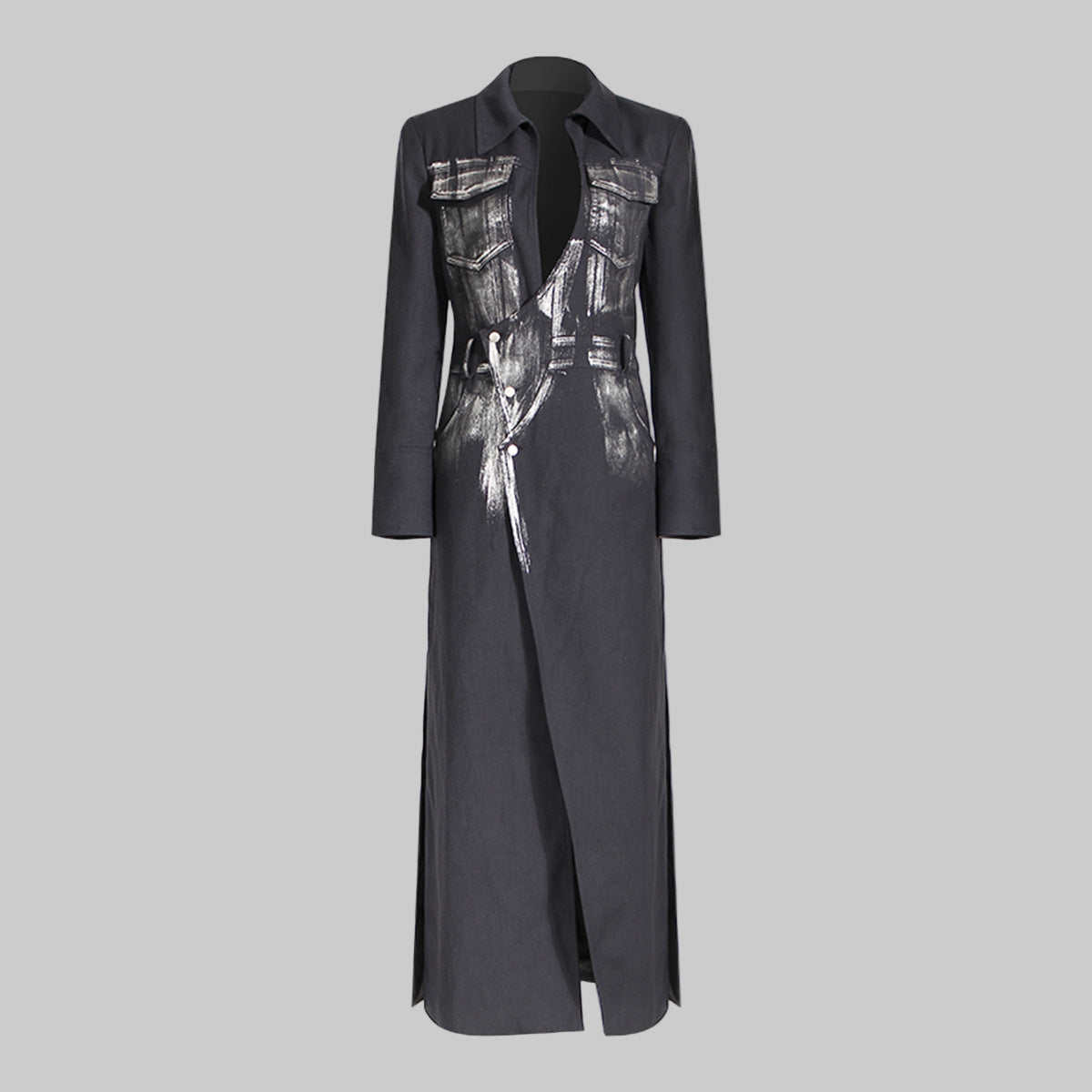 Black Niche Design Trench Coat Women Handmade Metal Silver Brush Color Rock Artist Super Long Blazer - Modestly Vogue