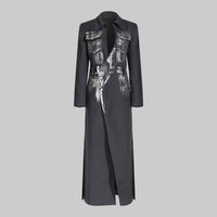 Black Niche Design Trench Coat Women Handmade Metal Silver Brush Color Rock Artist Super Long Blazer - Modestly Vogue