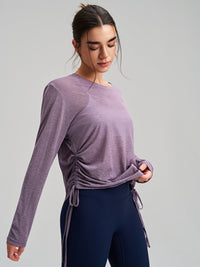 Round Neck Yoga Long Sleeve Drawstring T shirt Loose Breathable Fitness Running Top