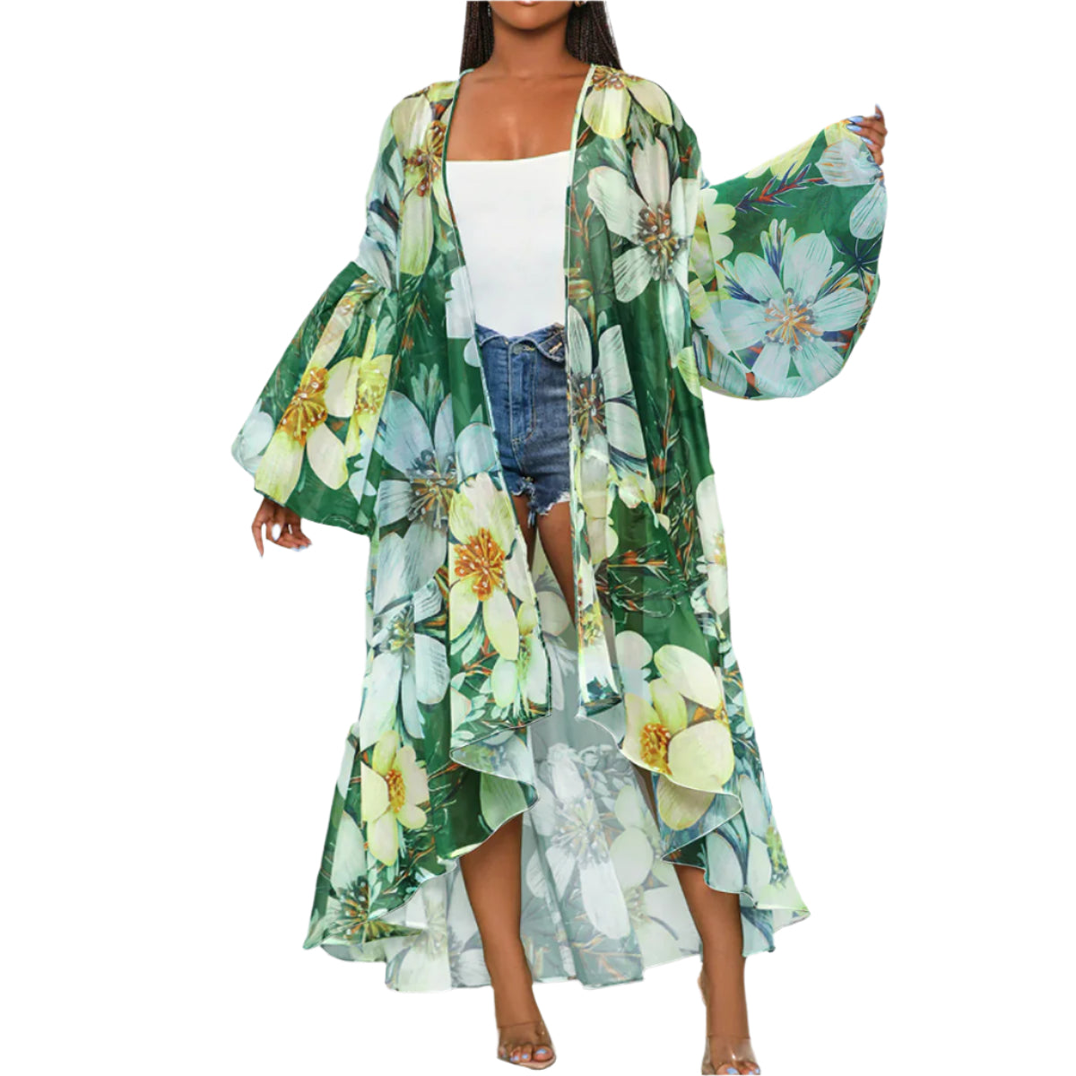 Printed Shawl Cardigan with Lantern Sleeves & Asymmetric Hem - Modestly Vogue