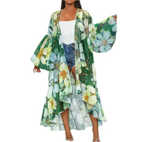 Printed Shawl Cardigan with Lantern Sleeves & Asymmetric Hem - Modestly Vogue